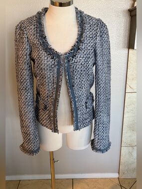 Maison Scotch blue & Gray Tweed Fringed Open-Front Cardigan